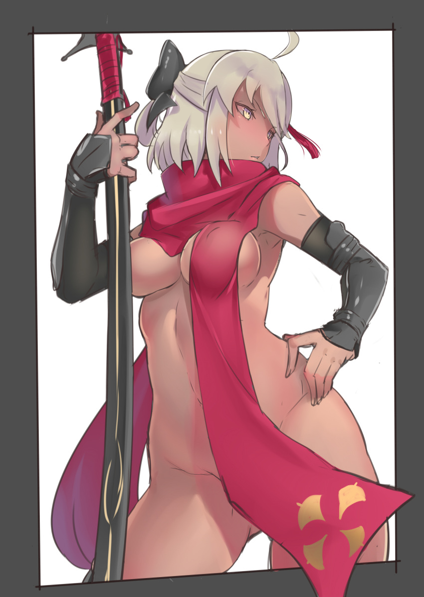 1girl absurdres ahoge arm_guards bangs black_bow blush bow breasts dark_skin detached_sleeves fate/grand_order fate_(series) grey_eyes grey_hair hair_bow half_updo hand_on_hip highres jikeshi katana koha-ace looking_to_the_side medium_breasts naked_scarf navel okita_souji_(alter)_(fate) okita_souji_(fate)_(all) red_scarf scarf short_hair sword tassel thighs weapon white_background