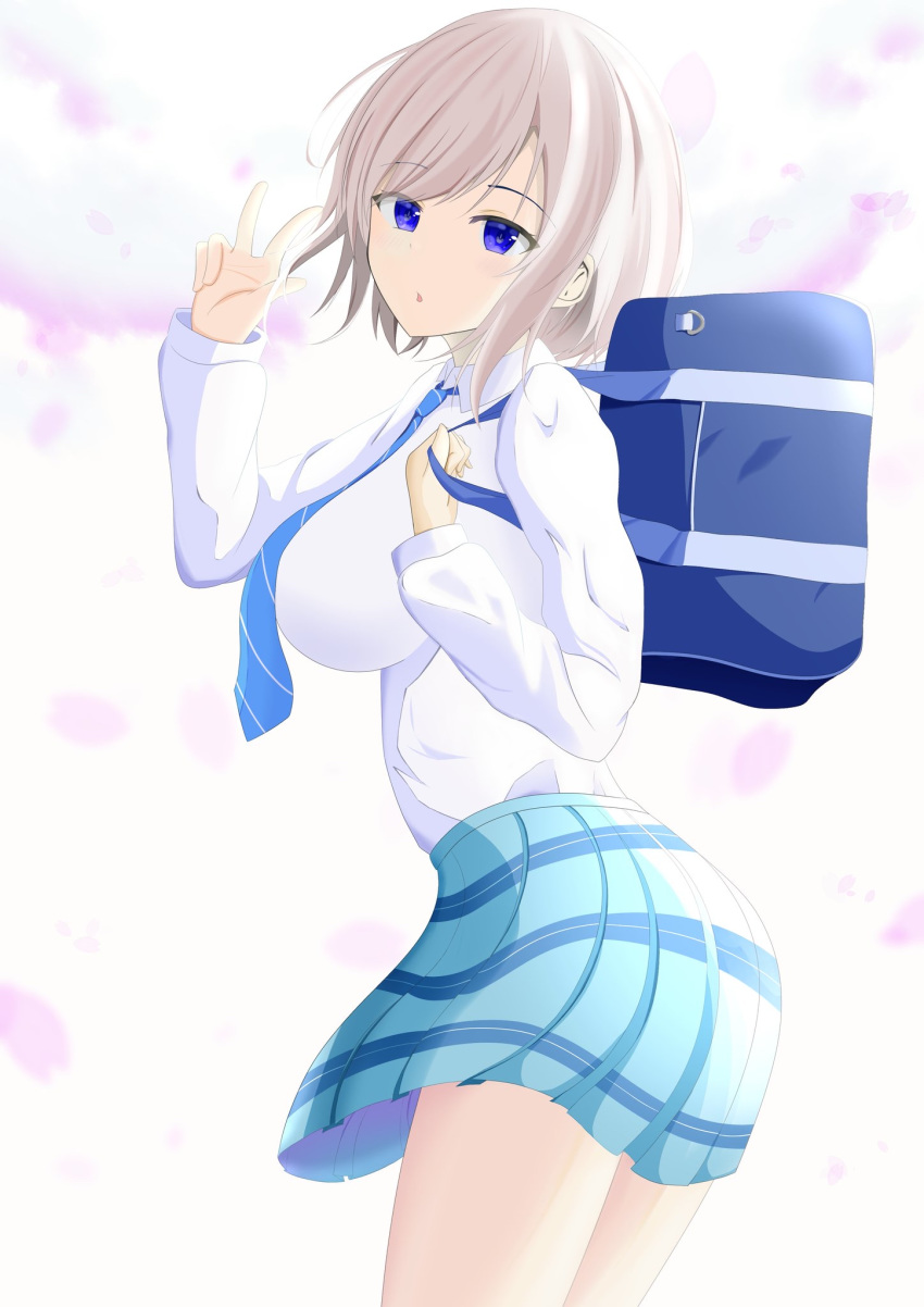 1girl bad_anatomy bag blue_eyes blue_neckwear blue_skirt bookbag breasts cherry_blossoms day fuuraiyuu hand_up highres large_breasts long_sleeves looking_at_viewer necktie original outdoors plaid plaid_skirt school_uniform shirt skirt standing v white_hair white_shirt