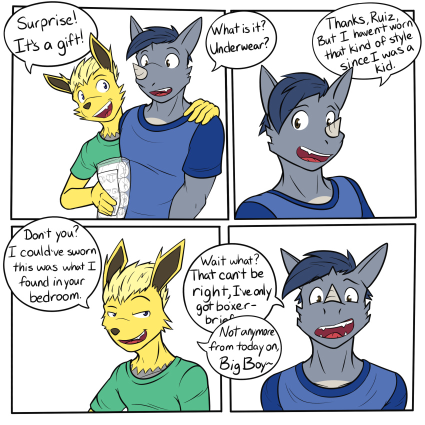 1:1 anthro anthrofied clothed clothing comic dialogue duo eeveelution english_text fully_clothed fuze hi_res jolteon male male/male nintendo pok&eacute;mon pok&eacute;mon_(species) rhydon shirt simple_background t-shirt text topwear video_games white_background