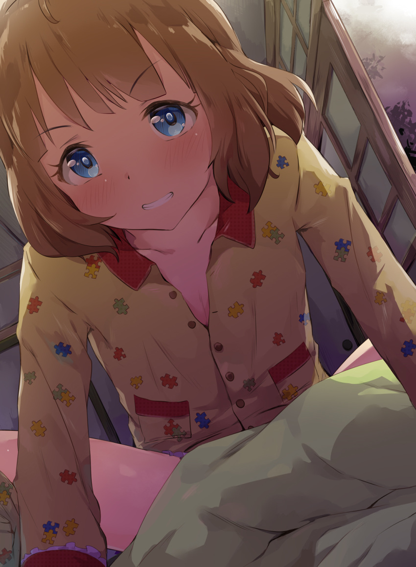 1girl bangs blue_eyes blush brown_hair brown_pajamas brown_shirt collarbone collared_shirt commentary_request dress_shirt eyebrows_visible_through_hair grin highres idolmaster idolmaster_million_live! indoors long_sleeves looking_at_viewer pajamas pov print_pajamas print_shirt puzzle_piece_print seneto shirt smile solo_focus suou_momoko v-shaped_eyebrows