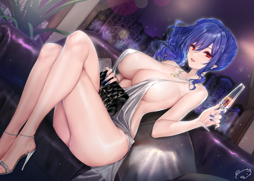 1girl azur_lane backless_dress backless_outfit bag bangs bare_shoulders blue_hair blue_nails bracelet breasts champagne_flute cityscape cleavage crossed_legs cup dress drinking_glass earrings evening_gown hair_between_eyes hair_ornament hairclip halter_dress handbag high_heels holding holding_cup indoors jewelry large_breasts nail_polish necklace night obiwan parted_lips pink_eyes plunging_neckline revealing_clothes shiny shiny_skin side_ponytail sidelocks silver_dress silver_footwear sitting st._louis_(azur_lane) st._louis_(luxurious_wheels)_(azur_lane) thighs