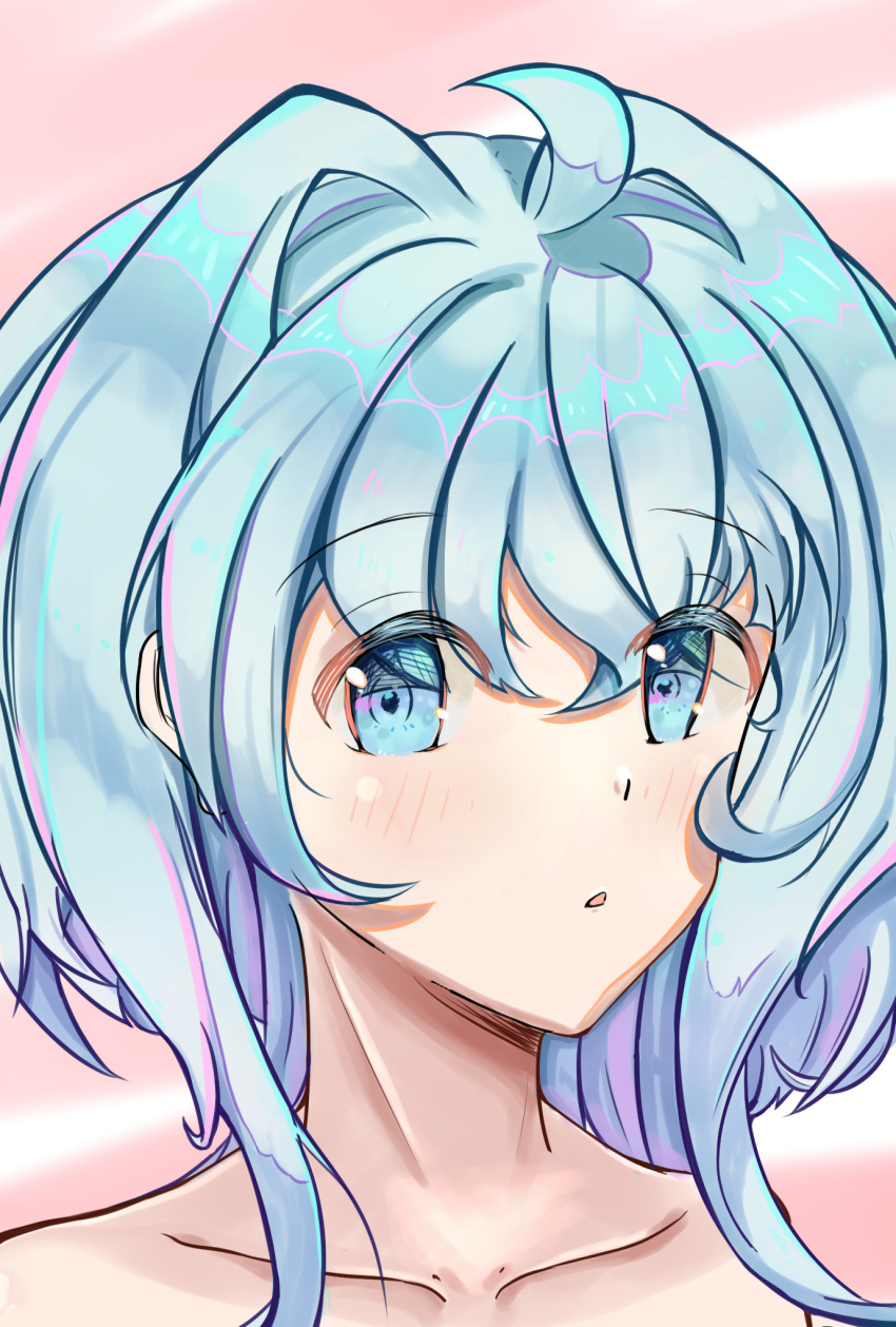 1girl :o blue_eyes blue_hair close-up collarbone cowlick eyebrows_visible_through_hair gundam gundam_build_divers highres looking_to_the_side open_mouth pokemongundam portrait sara_(gundam_build_divers) solo