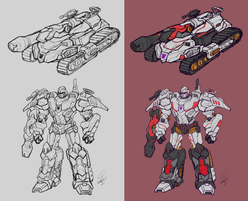 1boy clenched_hands dated decepticon english_commentary ground_vehicle highres lineart looking_down megatron military military_vehicle motor_vehicle multiple_views no_humans red_eyes redesign tank transformers xxx1320