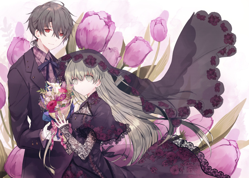 1boy 1girl bangs black_bow black_dress black_jacket bouquet bow brown_shirt cecilia_(shiro_seijo_to_kuro_bokushi) collared_shirt commentary_request dress dress_shirt floating_hair floral_print flower formal gloves green_eyes green_hair hair_between_eyes holding holding_bouquet jacket kazutake_hazano lace-trimmed_sleeves lawrence_(shiro_seijo_to_kuro_bokushi) long_hair long_sleeves pink_flower plaid plaid_shirt print_dress purple_flower red_flower see-through shiro_seijo_to_kuro_bokushi shirt short_sleeves suit veil very_long_hair white_flower white_gloves wide_sleeves