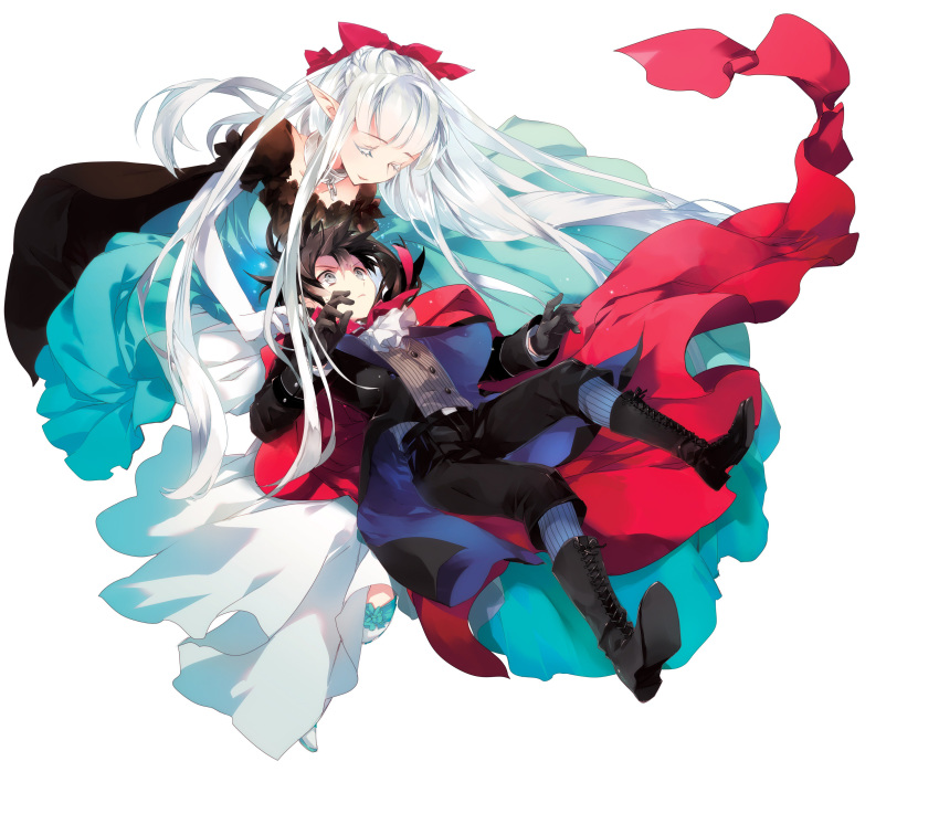 1boy 1girl absurdres age_regression belt black_gloves black_hair boots cape collar comta cross-laced_footwear dress elf formal gloves hair_ribbon highres lace-up_boots long_dress long_hair maou_no_ore_ga_dorei_elf_wo_yome_ni_shitanda_ga_dou_medereba_ii? metal_collar nefelia official_art pointy_ears red_cape ribbon silver_eyes suit very_long_hair white_background white_gloves white_hair white_legwear younger zagan_(maou_no_ore_ga)