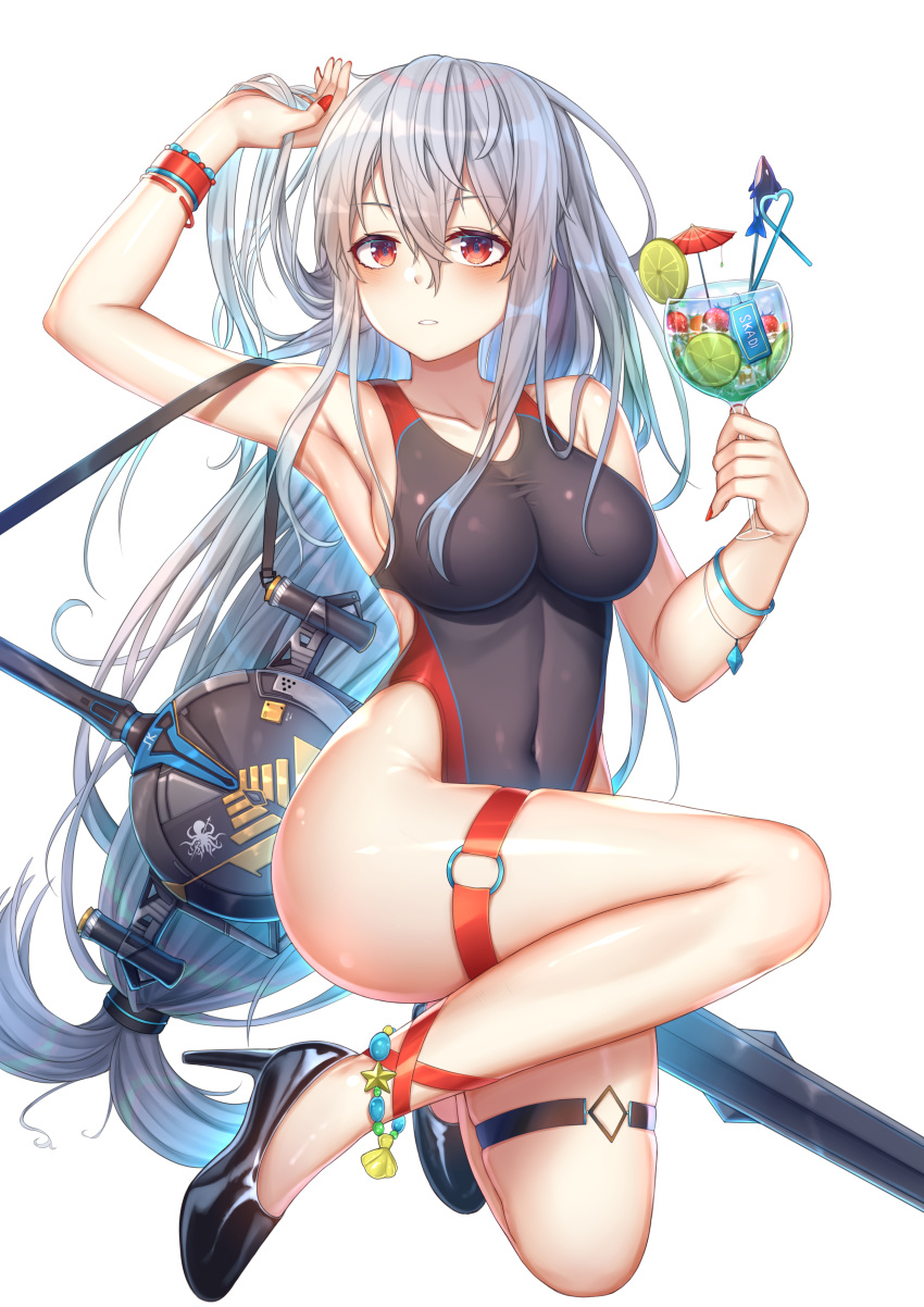 1girl absurdres arknights arm_up armpits bangs bare_arms bare_legs bare_shoulders black_footwear black_swimsuit blush breasts commentary covered_navel cup cupping_glass drinking_straw hair_between_eyes high_heels highres holding holding_cup kishita_yuu lime_slice long_hair looking_at_viewer low-tied_long_hair medium_breasts nail_polish no_hat no_headwear o-ring one-piece_swimsuit parted_lips red_eyes red_nails silver_hair simple_background skadi_(arknights) solo swimsuit sword thigh_strap thighs very_long_hair weapon white_background