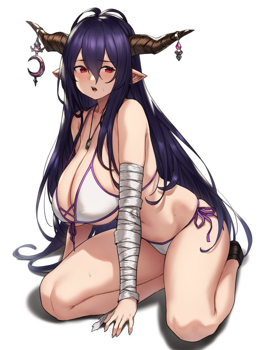 1girl antenna_hair bandaged_arm bandages bangs bare_shoulders bikini blush breasts cleavage commentary_request covered_nipples danua draph granblue_fantasy hair_between_eyes highres horn_ornament horns houtengeki jewelry kneeling large_breasts long_hair looking_at_viewer necklace open_mouth partial_commentary pointy_ears purple_hair red_eyes simple_background swimsuit white_background