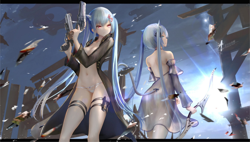 2girls animal_ears ass bangs bare_shoulders blue_eyes blue_hair bow_(weapon) breasts cat_ears cat_tail coat convenient_censoring dress dual_wielding gun handgun highres holding holding_gun holding_weapon holster letterboxed long_coat multiple_girls navel no_bra open_clothes open_coat original panties red_eyes small_breasts tail thigh_holster thighhighs twintails underwear wangchuan_de_quanyan weapon white_legwear white_panties