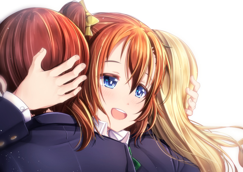 3girls :d ayase_arisa bangs black_jacket blazer blonde_hair blue_eyes blush bow brown_hair collared_shirt commentary eyebrows_visible_through_hair facing_away hair_between_eyes hair_bow hand_on_another's_head jacket kousaka_honoka kousaka_yukiho long_hair long_sleeves looking_away love_live! love_live!_school_idol_project mad_(hazukiken) multiple_girls open_mouth school_uniform shirt side_ponytail simple_background smile upper_body upper_teeth white_background white_shirt yellow_bow