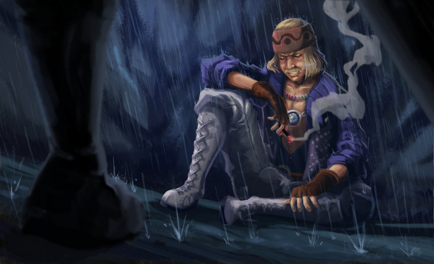 absurdres blonde_hair blue_shirt boots brew19988991 cigar clenched_teeth closed_eyes dickson dutch_angle dying facial_hair headband highres jewelry male_focus mustache necklace rain shirt sitting smoke solo_focus teeth white_footwear xenoblade_(series) xenoblade_1