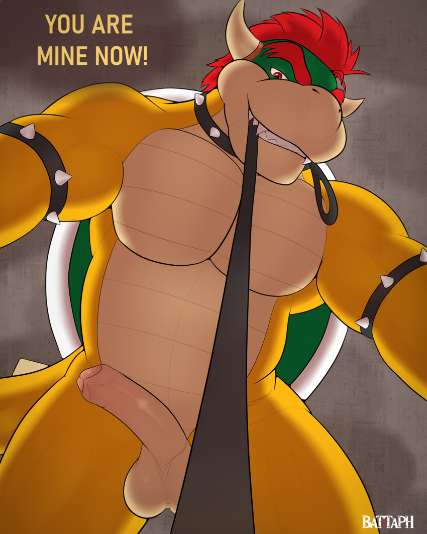4:5 anthro armwear battaph bowser bowser_day clothing collar domination english_text erection first_person_view genitals hi_res horn leash leashed_pov looking_at_viewer male male_domination mario_bros muscular muscular_anthro muscular_male nintendo penis shell smile smirk solo text video_games