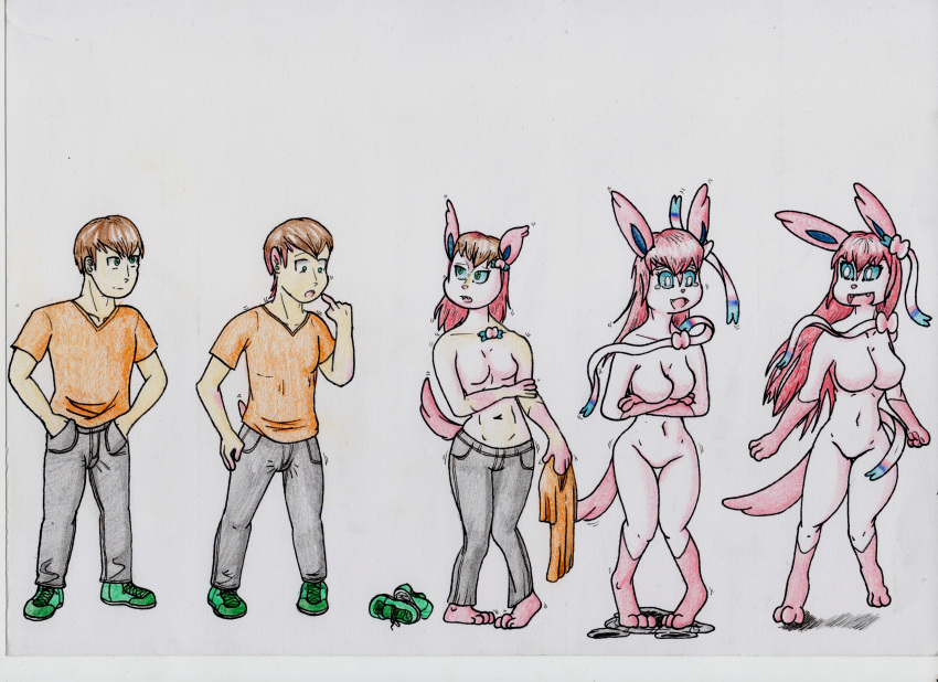 absurd_res anthro averageguardlucas blue_eyes bowl breast_growth digitigrade eeveelution fur gender_transformation hair hi_res human humanoid male mammal mtf_transformation nintendo pink_body pink_fur pink_hair pok&eacute;mon pok&eacute;mon_(species) pok&eacute;morph ribbons solo sylveon tail_growth transformation video_games