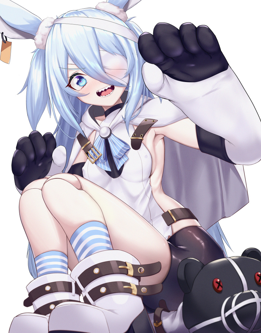 1girl absurdres animal_ears arm_up armpits bandage_over_one_eye bandages bike_shorts black_shorts blue_eyes boots breasts bunny_ears capelet doll_joints ear_tag elbow_gloves gloves highres huge_filesize joints legs little_witch_nobeta long_hair monica_(little_witch_nobeta) open_mouth panamuru sharp_teeth short_shorts shorts silver_hair sitting small_breasts smile socks striped_footwear stuffed_animal stuffed_toy tabard teddy_bear teeth thighs two_side_up white_capelet white_footwear white_gloves white_tabard