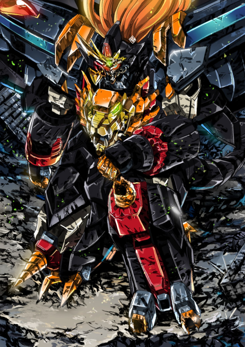 arm_on_knee blue_eyes clenched_hands drill floating_hair garimpeiro genesic_gaogaigar glowing glowing_eyes green_eyes heterochromia highres kneeling looking_down mecha no_humans orange_hair red_eyes super_robot yuusha_ou_gaogaigar yuusha_ou_gaogaigar_final yuusha_series