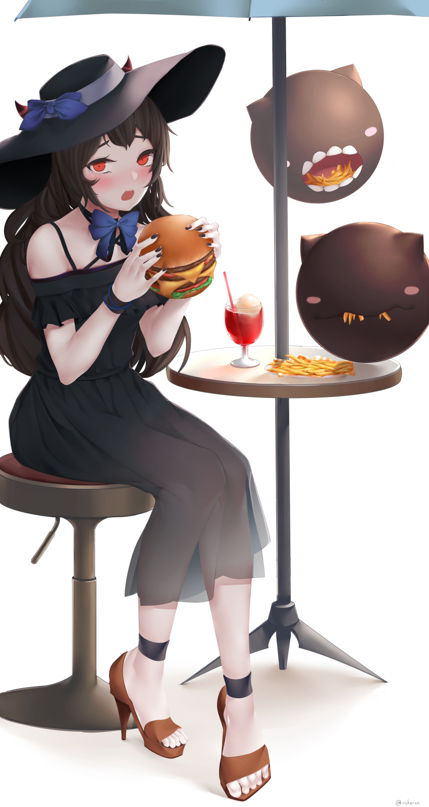 1girl absurdres black_dress black_hair black_headwear black_nails breasts cup dress drinking_glass food french_fries glowing glowing_eyes hamburger hat high_heels highres holding holding_food horns isolated_island_oni kantai_collection lolita_fashion long_hair mokuren_(mozukukirai88) red_eyes sandals shinkaisei-kan sitting small_breasts solo stool sun_hat sundress table very_long_hair