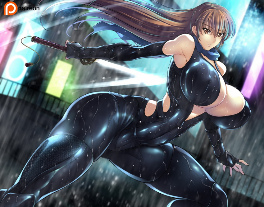 1girl breasts brown_eyes brown_hair covered_navel covered_nipples dead_or_alive dead_or_alive_6 fingerless_gloves gloves haganef huge_breasts impossible_clothes kasumi_(doa) katana long_hair rain skindentation sword tagme unzipped weapon