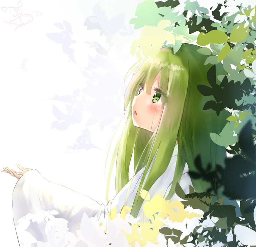 1other absurdres bangs dated enkidu_(fate/strange_fake) fate/strange_fake fate_(series) from_side green_eyes green_hair highres kingu_(fate) leaf long_hair long_sleeves looking_up open_mouth profile seboneko signature solo upper_body wide_sleeves