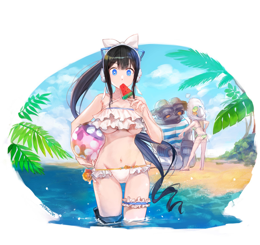 2girls absurdres ball beach beachball black_hair blue_eyes blue_ribbon bow bra breasts enoch_(soulworker) eyebrows_visible_through_hair flower food food_in_mouth frilled_bra frilled_swimsuit frills green_swimsuit grey_hair hair_between_eyes hat headphones highres holding holding_food jack_the_king_(soulworker) long_hair multiple_girls noa_(soul_worker) partially_submerged ponytail popsicle ribbon see-through_skirt shallow_water shirt signature skirt sky soul_worker straw_hat striped striped_shirt suvin_(mononochi) swimsuit underboob underwear watermelon_bar white_ribbon white_swimsuit