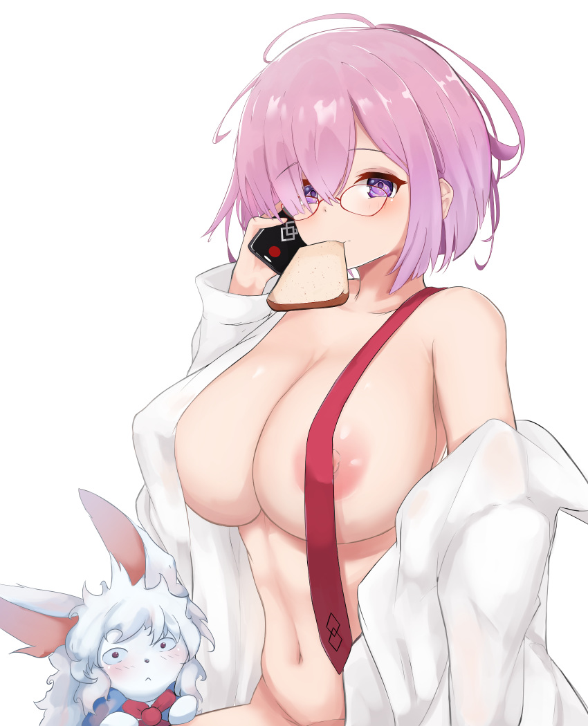 1girl areolae blush breasts confused eyebrows_visible_through_hair fate/grand_order fate_(series) food food_in_mouth fou_(fate/grand_order) glasses hair_between_eyes hair_over_one_eye highres huge_breasts large_breasts lavender_hair looking_at_viewer mash_kyrielight mouth_hold navel nipples phone purple_eyes purple_hair shiny shiny_hair shirt simple_background sitting solo soveno stomach toast toast_in_mouth white_shirt