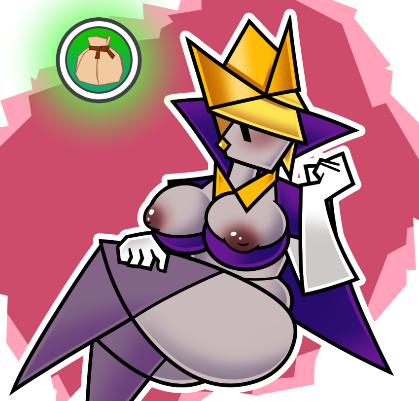 big_breasts big_butt blonde_hair blush breasts butt clothing crossgender crown female gloves hair handwear headgear hi_res humanoid king_olly_(mario) mario_bros nintendo origami paper paper_mario paper_mario:_the_origami_king papercraft simple_background simple_eyes sloottereo solo video_games