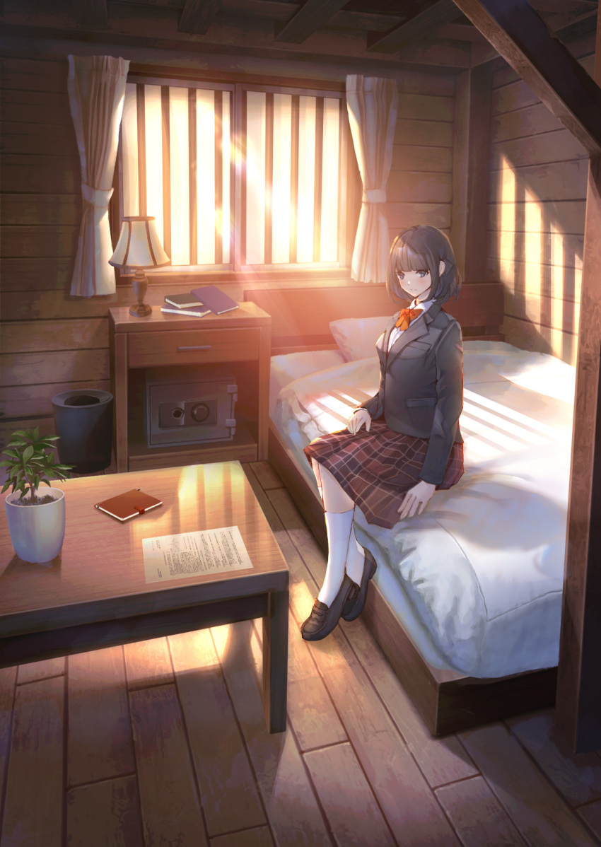 1girl bad_perspective black_hair blazer book bow copyright_request curtains grey_eyes highres indoors jacket kneehighs lockbox long_sleeves looking_at_viewer nightstand official_art on_bed paper plaid plaid_skirt plant potted_plant red_bow red_skirt school_uniform shadow sho_(shoichi-kokubun) short_hair sitting skirt solo table trash_can white_legwear window wooden_floor