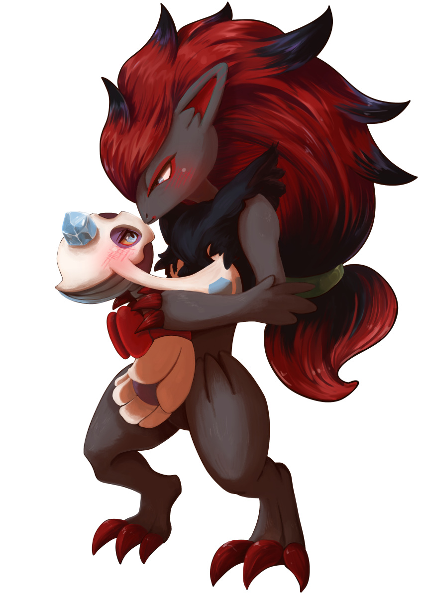 absurd_res alternate_version_at_source ambiguous_gender anthro black_body black_fur blue_markings blush bow canid canine claws duo ears_down eye_contact female fingers froslass fur go_(artist) grey_body grey_fur hair hi_res highlights_(coloring) humanoid inner_ear_fluff long_hair looking_at_another mammal markings nintendo pivoted_ears pok&eacute;mon pok&eacute;mon_(species) ponytail purple_markings red_claws red_hair red_inner_ear red_markings simple_background standing toes tuft video_games white_background white_body zoroark