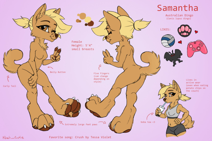 3:2 anthro blonde_hair canid canine canis dingo domination english_text feet female gradient_background hair kiwi_cutie mammal model_sheet paws ponytail samantha simple_background solo text