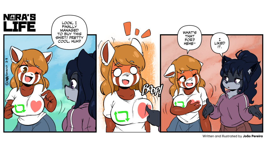 16:9 2020 ailurid anthro big_breasts black_hair blonde_hair blush boop bottomwear breasts brown_eyes canid canine canis clothed clothing comic cute_fangs dialogue digital_media_(artwork) domestic_dog duo english_text fangs female hair hi_res humor joaoppereiraus mammal one_eye_closed open_mouth open_smile poking purple_eyes red_panda shirt shrug signature smile speech_bubble sweater text topwear widescreen