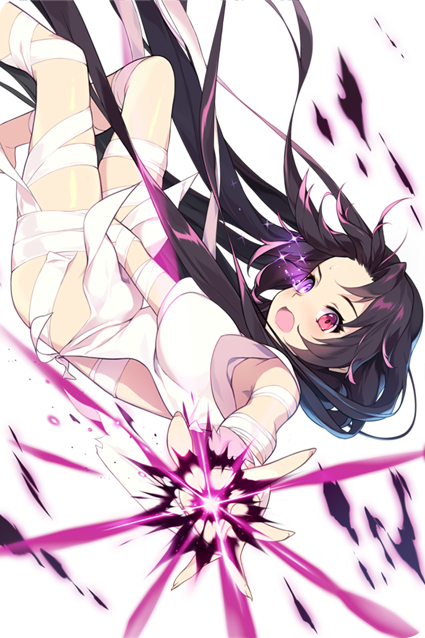 1000marie 1girl bandage_over_one_eye bandages black_hair breasts dark_persona energy heterochromia highres lab_rat_rabian long_hair looking_at_viewer medium_breasts mummy nail_polish naked_bandage official_art open_mouth purple_eyes resized soccer_spirits solo tears transparent_background upscaled
