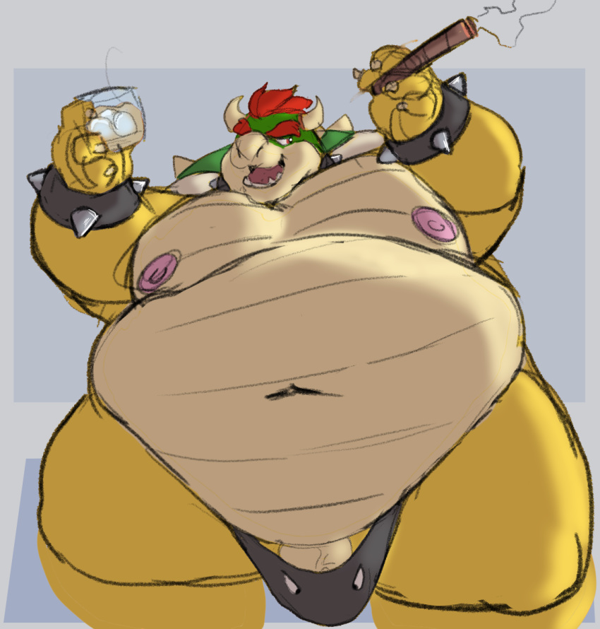 2020 alcohol anthro barely_contained belly beverage big_belly bowser bowser_day bulge captainjusticevirtsuoso cigar clothing colored_sketch genitals glass justicecaptainv koopa male mario_bros moobs mostly_nude navel nintendo nipples obese obese_anthro obese_male overweight overweight_anthro overweight_male penis scalie smoking solo speedo swimwear thick_thighs underwear video_games