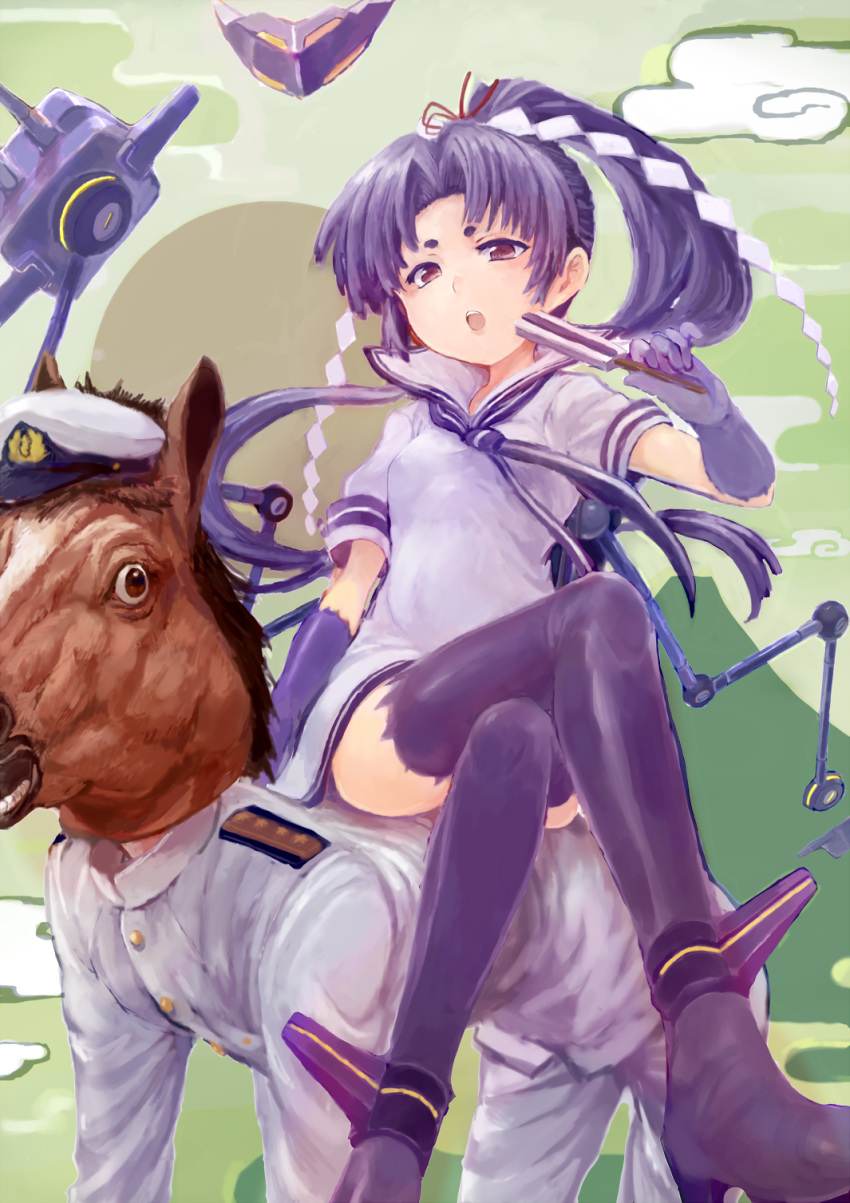 1boy 1girl admiral_(kantai_collection) boots closed_fan cloud crossed_legs dress elbow_gloves fan folding_fan girl_on_top gloves green_background hair_ribbon hatsuharu_(kantai_collection) highres hikimayu holding holding_fan horse_mask human_chair human_furniture kantai_collection long_hair mountain open_mouth ponytail purple_footwear purple_gloves purple_legwear ribbon rigging sailor_collar sailor_dress shide sitting sitting_on_person sowamame thighhighs white_dress white_sailor_collar
