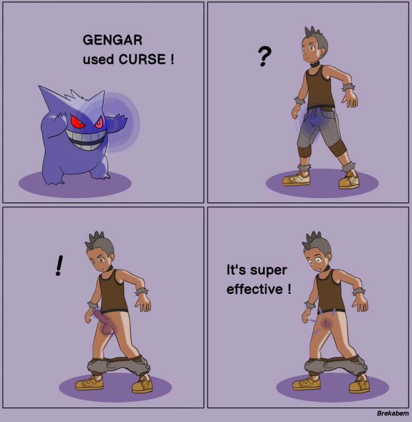 ambiguous_gender balls biped bottomwear brekabem cargo_shorts clothed clothing comic curse duo english_text erection fan_character footwear gengar genitals hair hi_res human magic male mammal micropenis mohawk_(hairstyle) nintendo penis pok&eacute;mon pok&eacute;mon_(species) pok&eacute;mon_move rahim_(brekabem) shirt shoes shorts shrinking_balls shrinking_genitals simple_background small_penis smile standing tank_top text topwear video_games