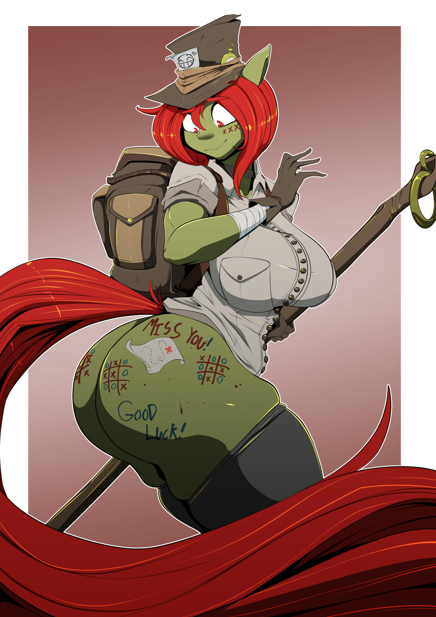 absurd_res anthro backpack big_breasts big_butt body_writing breasts butt clothing equid equine green_body hair hasbro hi_res legwear looking_back mammal my_little_pony red_hair thigh_highs vale-city