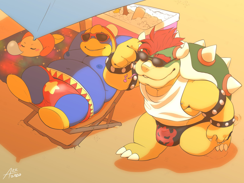2020 4:3 alcohol anthro armband avian beach beer belly beverage bird bottle bowser bowser_day bracelet bulge clothed clothing cooler eyebrows eyes_closed eyewear group hardermoo hi_res ice_cube jewelry king_dedede kirby_(series) koopa male mario_bros moobs nintendo nipple_piercing nipples outside overweight overweight_male penguin piercing scalie seaside shell shirt spiked_armband spiked_bracelet spiked_shell spikes spikes_(anatomy) sunbathing sunglasses swimwear thick_eyebrows topless topless_male topwear umbrella video_games waddle_dee