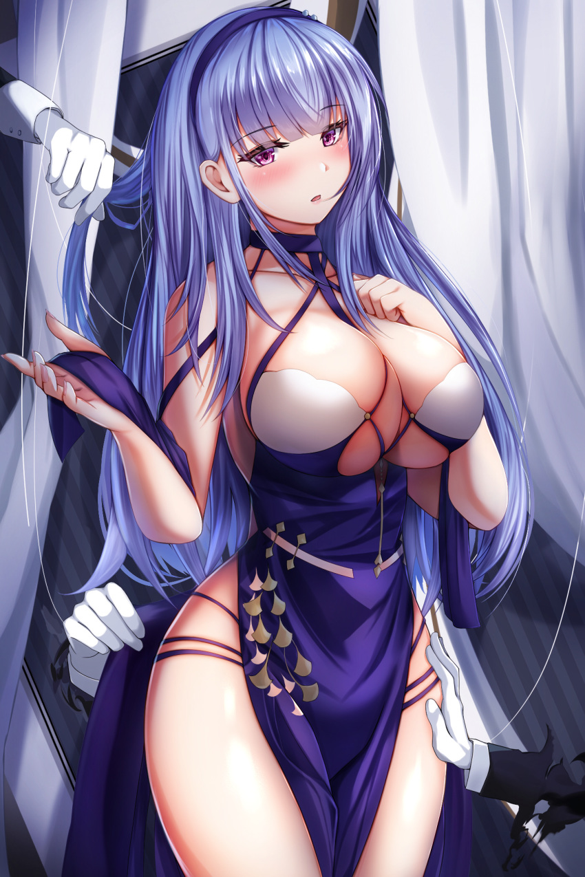 1girl azur_lane bangs bare_shoulders blue_dress blush breasts cleavage collarbone criss-cross_halter dido_(anxious_bisque_doll)_(azur_lane) dido_(azur_lane) disembodied_limb dress hairband halter_dress halterneck hands_on_another's_thigh highres large_breasts long_hair looking_at_viewer multiple_hands open_mouth purple_dress purple_eyes purple_hairband revision side_slit silver_hair thighs tiri_man