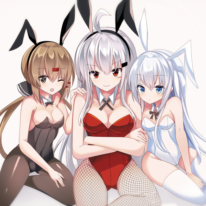 3girls alternate_costume animal_ears black_bow black_legwear black_leotard black_neckwear blue_eyes bow bowtie breasts brown_eyes brown_hair brown_legwear bunny_ears bunnysuit commentary_request cowboy_shot crossed_arms detached_collar facial_scar fathom fishnet_legwear fishnets gangut_(kantai_collection) grey_eyes hair_bow hair_ornament hairclip hibiki_(kantai_collection) highres kantai_collection large_breasts leotard long_hair low_twintails medium_breasts multiple_girls pantyhose red_eyes red_leotard red_ribbon ribbon scar scar_on_cheek silver_hair simple_background sitting strapless strapless_leotard tashkent_(kantai_collection) thighhighs twintails verniy_(kantai_collection) white_background white_legwear white_leotard