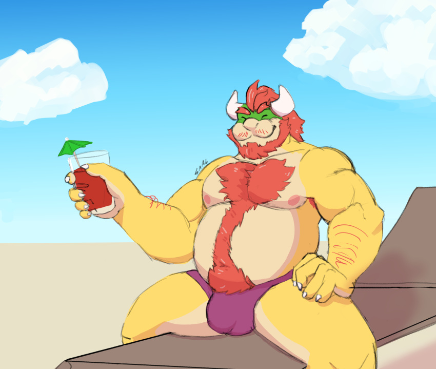 beach beard belly body_hair bowser bowser_day bulge clothing facial_hair hi_res horn koopa male mario_bros musclegut muscular muscular_male nintendo nipples reptile scalie seaside solo speedo straddling strawberry_saal swimwear video_games