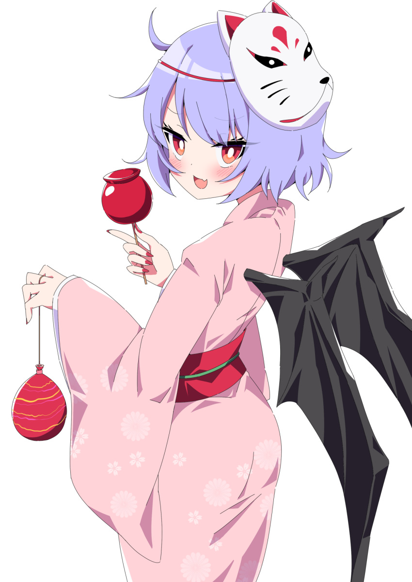 1girl alternate_costume bangs bat_wings blue_hair blush bright_pupils candy_apple commentary_request cowboy_shot eyebrows_visible_through_hair fang fingernails floral_print food fox_mask fruit highres holding holding_food holding_fruit index_finger_raised japanese_clothes kimono looking_at_viewer looking_back mask mask_on_head nail_polish obi open_mouth partial_commentary pink_kimono red_eyes red_nails remilia_scarlet sash sharp_fingernails simple_background skin_fang sleeves_past_wrists solo standing touhou tsukimirin water_yoyo white_background white_pupils wings yukata