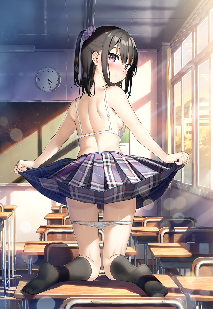 1girl 3: back black_hair black_legwear blush bra breasts chalkboard classroom closed_mouth desk detexted from_behind full_body hair_ornament hair_scrunchie highres indoors kantoku kneehighs kneeling lifted_by_self looking_back no_shirt one_side_up original outstretched_arms panties panty_pull plaid plaid_skirt pleated_skirt purple_eyes school_desk scrunchie shizuku_(kantoku) short_hair sideboob sidelocks skirt skirt_lift small_breasts solo sunlight third-party_edit underwear white_bra white_panties