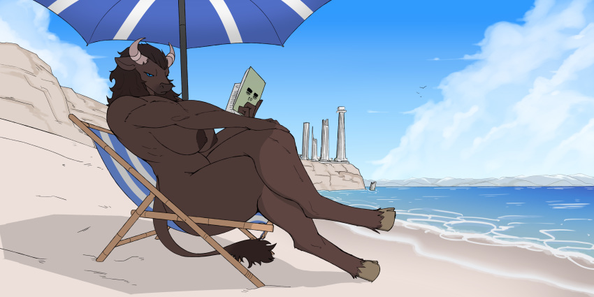 2:1 absurd_res anthro areola beach beach_umbrella big_breasts biped blue_eyes bovid bovine breasts brown_body brown_fur brown_hair brown_nipples crossed_legs european_mythology female fur greek_mythology grumpy hair hi_res hooves horn horn_ring looking_at_viewer mammal minotaur mythology nihea_avarta nipples nude reading_book ruins sea seaside securipun sitting solo thick_thighs water