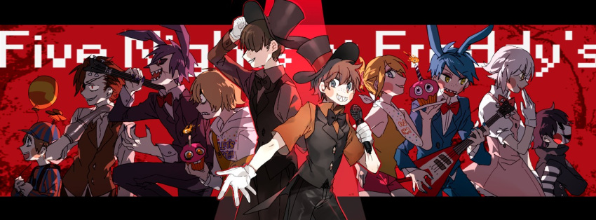 3girls 6+boys animal_ears balloon balloon_boy_(fnaf) bib black_hair blonde_hair blue_hair blush_stickers bonnie_(fnaf) brown_hair bunny_ears chica child cupcake_(fnaf) dress_shirt everyone five_nights_at_freddy's five_nights_at_freddy's_2 foxy_(fnaf) freddy_fazbear guitar hat hook_hand humanization instrument mangle multiple_boys multiple_girls newo_(shinra-p) personification purple_hair red_hair sharp_teeth shirt short_hair smile teeth the_puppet_(fnaf) top_hat toy_bonnie toy_chica toy_freddy white_legwear