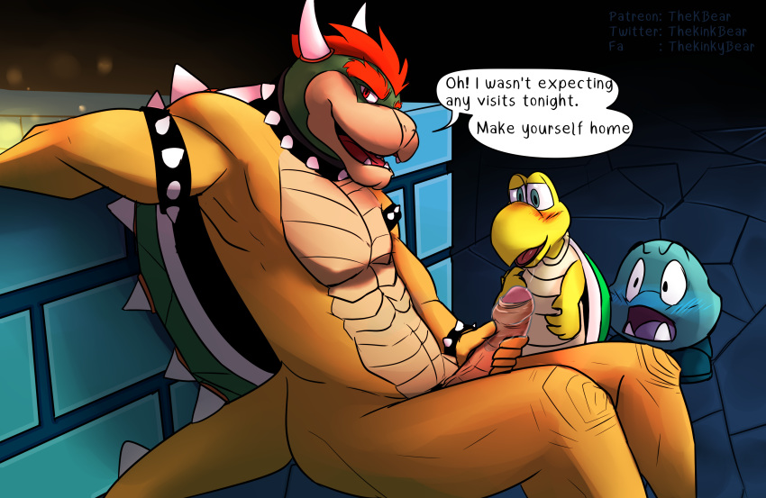 anthro blush bowser bowser_day collar comic dialogue drool_string english_text feral genitals goomba group hi_res horn humanoid_genitalia humanoid_penis implied_oral koopa looking_at_viewer male male/male mario_bros nintendo open_mouth penis reptile scalie speech_bubble spiked_collar spikes text thekinkybear turtle uncut video_games