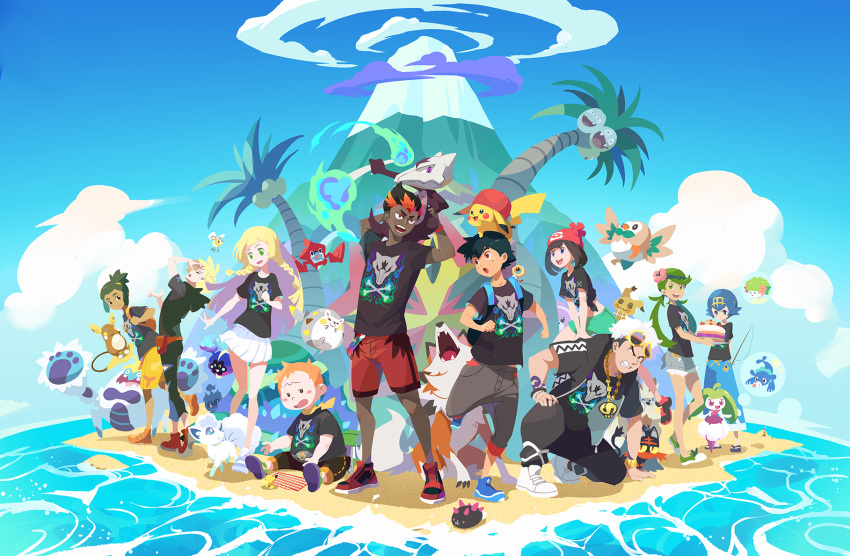 &gt;_&lt; 4girls 6+boys :d :o alolan_exeggutor alolan_form alolan_marowak alolan_raichu alolan_vulpix angry arm_tattoo backpack bag bangs_pinned_back bare_legs baseball_cap beanie bewear black_hair black_jacket black_pants black_shirt blonde_hair blue_eyes blue_footwear blue_hair blue_pants blue_sky blush_stickers bone braid brother_and_sister brown_eyes bubble cake character_doll character_print clenched_teeth closed_eyes closed_mouth cloud commentary_request cosmog crabominable creature cutiefly dark_skin dark_skinned_male day eye_contact eyewear_on_head fangs fire fishing_rod flame floating flower flying food gen_1_pokemon gen_4_pokemon gen_5_pokemon gen_7_pokemon gladio_(pokemon) gold_hairband green_eyes green_fire green_footwear green_hair green_shorts grey_pants grey_skirt guzma_(pokemon) hair_flower hair_ornament hand_on_ground happy hat hatted_pokemon hau_(pokemon) highres holding holding_bone holding_tray island jacket jewelry kaki_(pokemon) kariki_hajime legendary_pokemon lillie_(pokemon) litten long_hair looking_at_another looking_at_viewer lycanroc lycanroc_(dusk) mamane_(pokemon) mao_(pokemon) marshadow marshadow_(gloom) meltan midriff mimikyu miniskirt mizuki_(pokemon) multicolored_hair multiple_boys multiple_girls mythical_pokemon necklace no_legwear ocean on_head on_shoulder open_clothes open_jacket open_mouth orange_footwear orange_hair outdoors palossand pants pikachu pleated_skirt pokemon pokemon_(anime) pokemon_(creature) pokemon_(game) pokemon_on_head pokemon_on_shoulder pokemon_sm pokemon_sm_(anime) popplio pose print_shirt pyukumuku red_footwear red_hair red_headwear red_shorts rotom rotom_dex rowlet sand sandals satoshi_(pokemon) scarf shadow shaymin shaymin_(land) shirt shoes short_hair short_shorts short_sleeves shorts siblings sideburns sitting skirt sky smile sneakers squatting standing starter_pokemon starter_pokemon_trio steenee stoutland suiren_(pokemon) sunglasses t-shirt tattoo team_skull teeth tied_shirt togedemaru tongue topknot tray twin_braids twintails two-tone_hair upper_teeth volcano white_footwear white_hair white_skirt yellow_scarf yellow_shorts