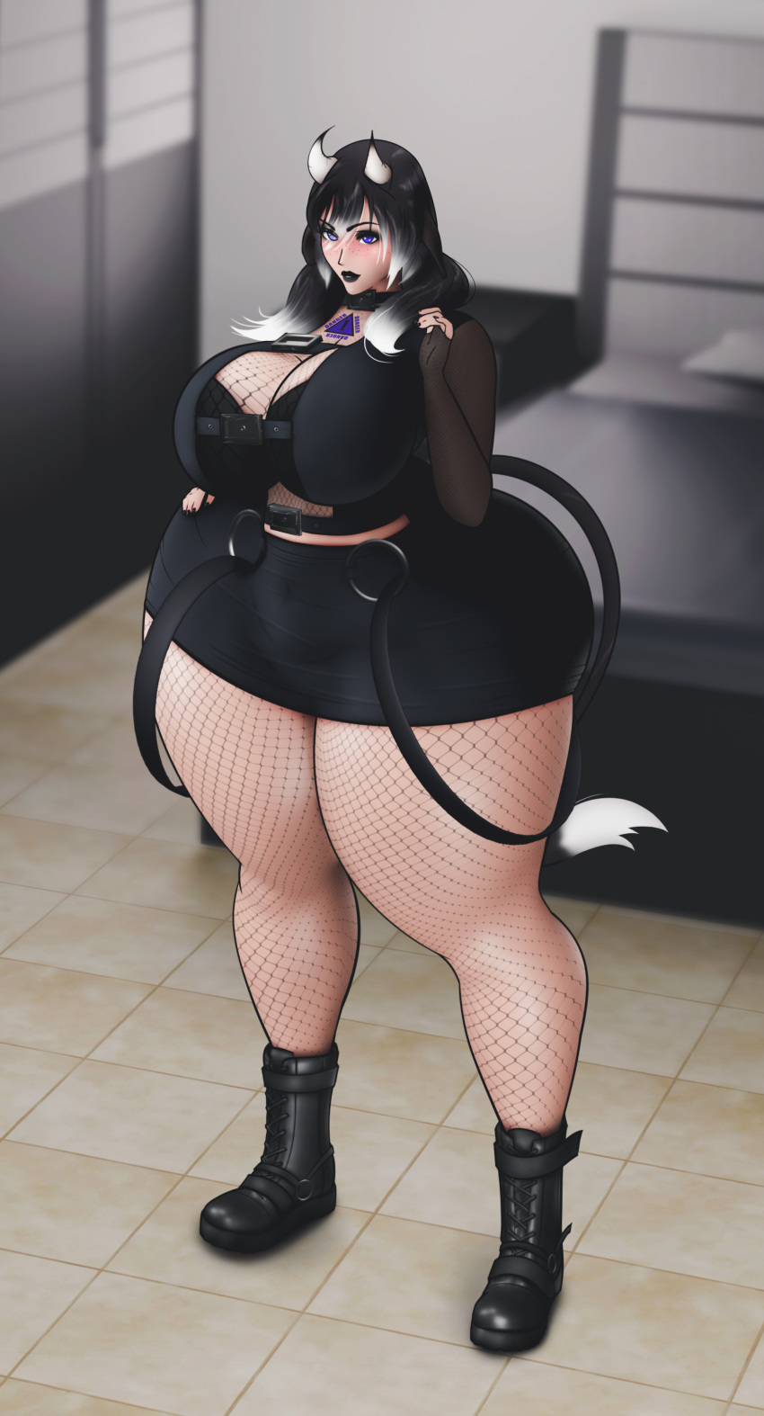 absurd_res animal_humanoid big_breasts bovid bovid_humanoid bovine bovine_humanoid breasts cleavage clothed clothing collar female fishnet fishnet_legwear freckles hi_res humanoid legwear mammal mammal_humanoid solo someshittysketches thick_thighs wide_hips