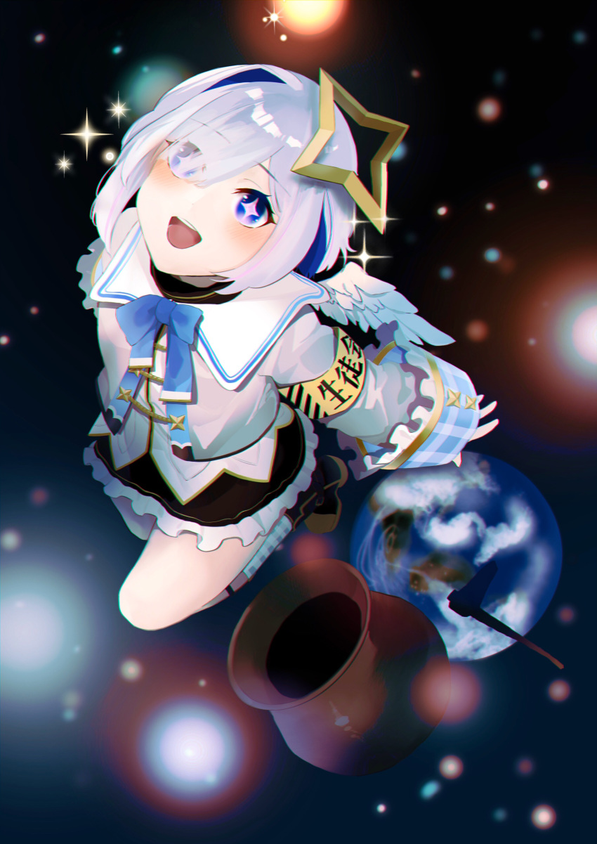 +_+ 1girl :d absurdres amane_kanata angel_wings armband bangs black_skirt blue_bow blue_eyes blue_hair blue_wings blush bow colored_inner_hair commentary earth feathered_wings floating frilled_skirt frills full_body getting_over_it gradient gradient_wings hair_ornament hair_over_one_eye hammer highres hololive jacket knee_up long_sleeves looking_up mini_wings multicolored multicolored_hair multicolored_wings muno open_mouth parted_bangs plaid plaid_legwear planet pot round_teeth sailor_collar shiny shiny_hair short_hair shuriken sidelocks silver_hair single_hair_intake skirt sledgehammer sleeves_past_wrists smile solo space star_(sky) streaked_hair teeth turtleneck turtleneck_dress two-tone_hair upper_teeth virtual_youtuber white_frills white_jacket white_sailor_collar white_wings wide_sleeves wings
