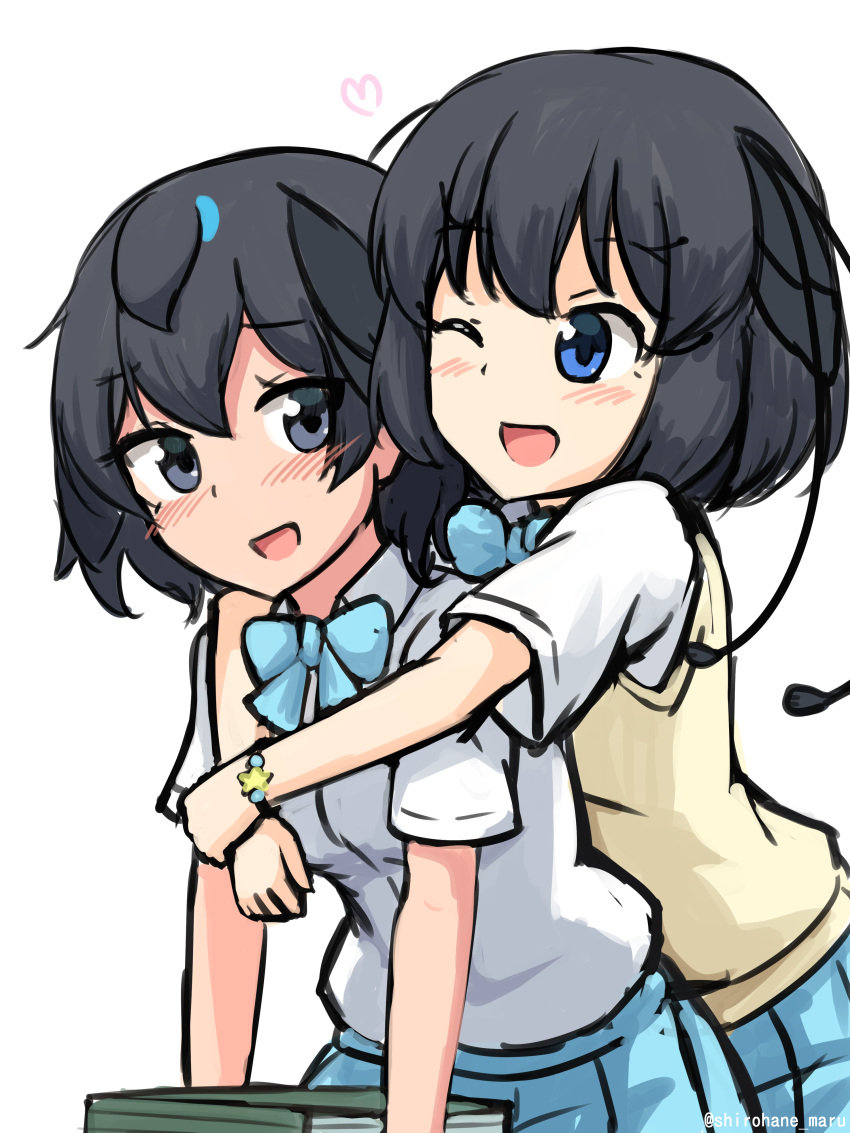 2girls :d ;d absurdres alternate_costume antennae bangs black_eyes black_hair blue_bow blue_eyes blue_neckwear blue_skirt blush bow bowtie eyebrows_visible_through_hair greater_lophorina_(kemono_friends) heart highres hug hug_from_behind kemono_friends multiple_girls one_eye_closed open_mouth school_uniform shiraha_maru shirt short_hair short_sleeves simple_background skirt smile twitter_username vest western_parotia_(kemono_friends) white_background white_shirt yellow_vest