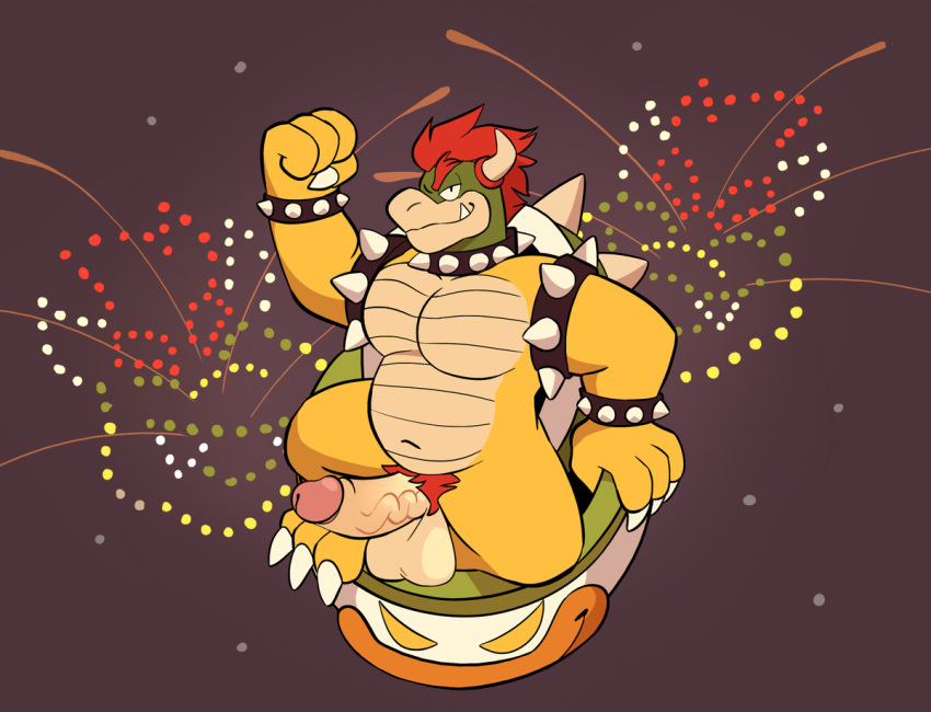 anthro balls bowser fireworks flexing genitals koopa male mario_bros motfal nintendo penis pubes scalie solo vein veiny_penis video_games