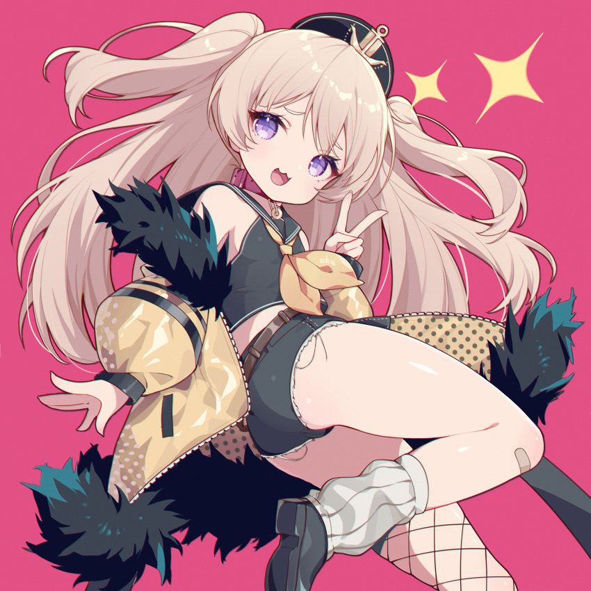 1girl :3 aka_kan ass azur_lane bache_(azur_lane) belt black_footwear black_headwear black_legwear black_shirt blonde_hair collar cutoffs fang fishnet_legwear fishnets from_side fur_trim hat highres jacket kneehighs leg_up legs long_hair looking_back midriff mismatched_legwear off_shoulder open_mouth pink_background pink_eyes sailor_collar shirt shoes short_shorts shorts simple_background single_kneehigh single_thighhigh sleeveless sleeveless_shirt smile solo standing standing_on_one_leg thighhighs thighs two_side_up v white_legwear yellow_jacket