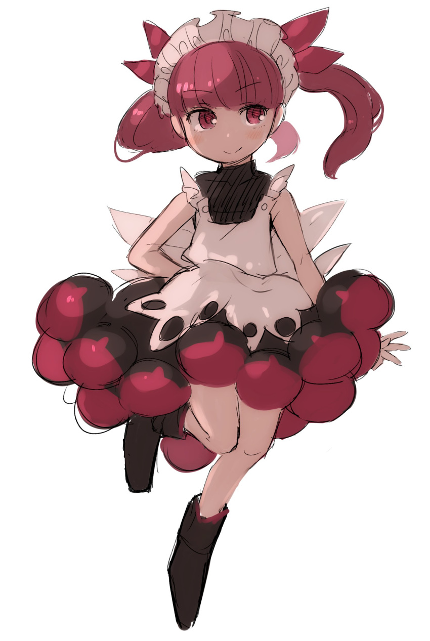 1girl absurdres ankle_boots apron arms_at_sides bangs black_dress blunt_bangs blush boots bow closed_mouth copyright_request dress eyebrows_visible_through_hair full_body hair_bow highres inazakura00 maid_headdress red_bow red_dress red_eyes red_hair simple_background smile solo twintails white_apron white_background
