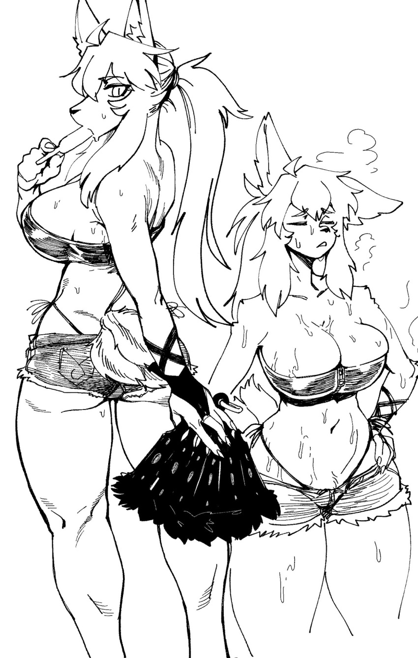 2020 anthro belly big_breasts biped bodily_fluids bottomwear breasts butt canid canine cleavage clothed clothing curvy_figure duo eating fan_(disambiguation) female fox hair hi_res holding_object hotpants hourglass_figure huge_breasts kemono long_hair looking_back mammal monochrome multi_tail navel pants rtr shirt shorts simple_background snout standing sweat thick_thighs tied_hair topwear wide_hips